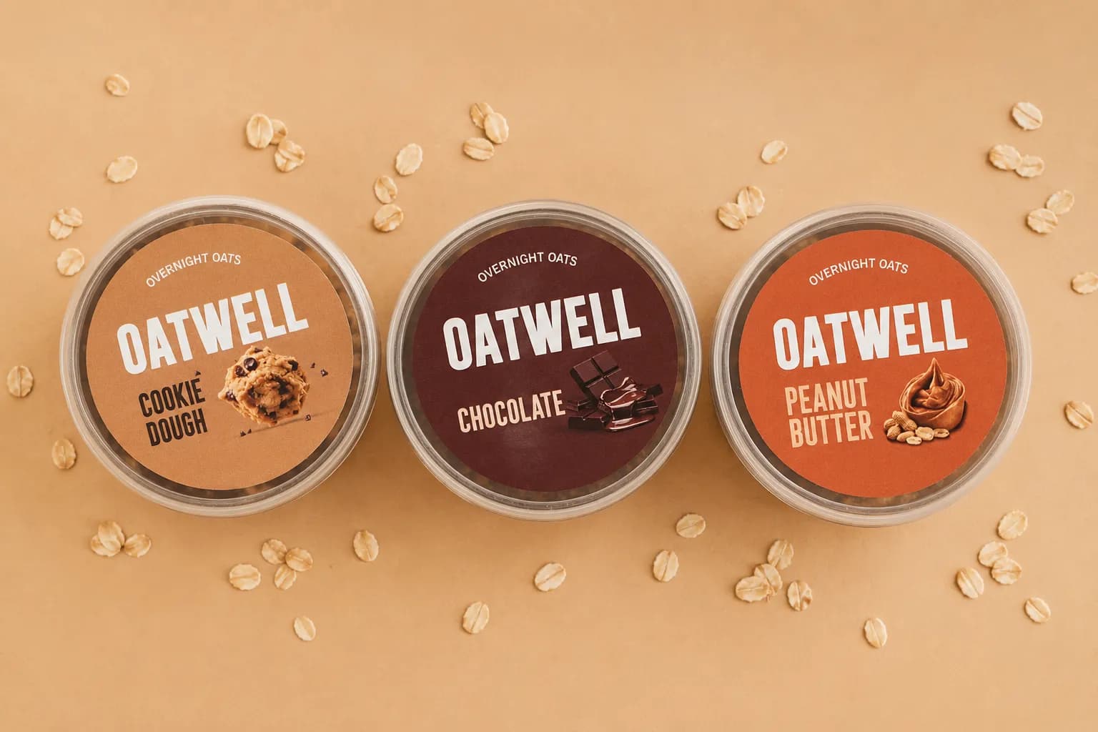 Oatwell Cookie Dough, Chocolate and Peanut Butter overnight oats — top view